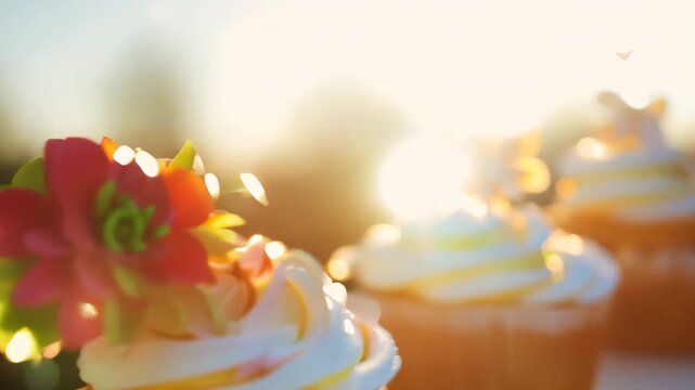 Colorful cupcakes are arranged neatly in soft sunlight, showcasing vibrant flowers on top. The sun enhances the detail of the flowers, bringing attention to the delicious cupcakes.
