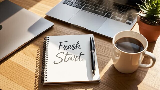 Fresh start notebook on wooden desk with pen, laptop, coffee cup, succulent plant and spiral binding in warm morning sunlight creating cozy workspace mood conveying productivity and calm focus