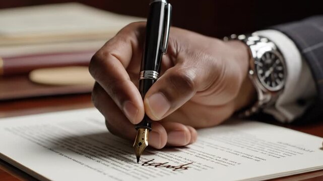 Elegant Hand Writing with Pen on Open Book in Professional Office Environment
