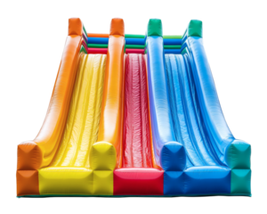 A vibrant inflatable bounce house with multiple colorful slides, perfect for kids' parties and outdoor events, evoking joy and excitement