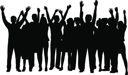 Silhouette crowd of people cheering, raised hands celebration, unity teamwork concept, diverse group standing together, success motivation, community support, event audience, black shadow figures