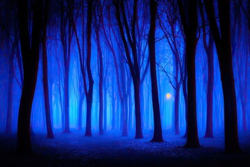 Misty blue forest with bare trees and a single yellow light