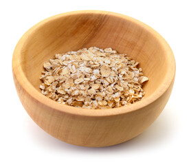 Oat flakes in a wooden bowl isolated on white
