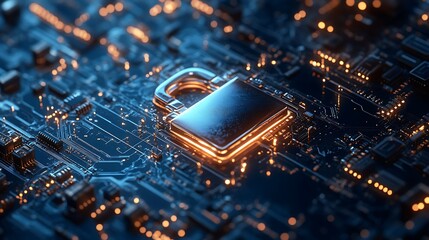 Digital padlock on circuit board symbolizing data protection and security