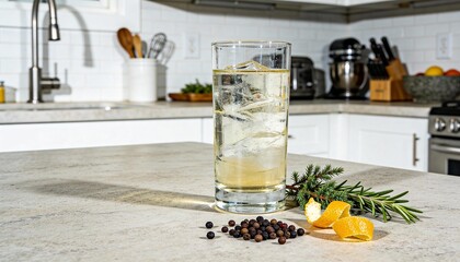 Refreshing beverage in a tall glass filled with ice, garnished with citrus slices and herbs, placed on a kitchen countertop with modern appliances in the background