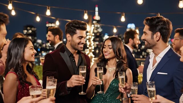 Young adults formal evening attire clink champagne glasses rooftop party with city skyline and string lights creating festive celebration atmosphere as friends raise champagne toasts elegant evening