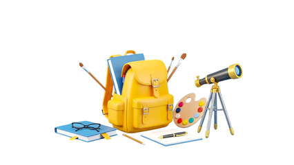 Yellow backpack with books, glasses, telescope, and paint palette on a desk