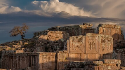 Ancient stone ruins with intricate carvings under a dramatic cloudy sky at sunset.