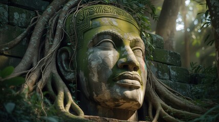 Ancient Stone Sculpture of a Face Overgrown with Jungle Vines.