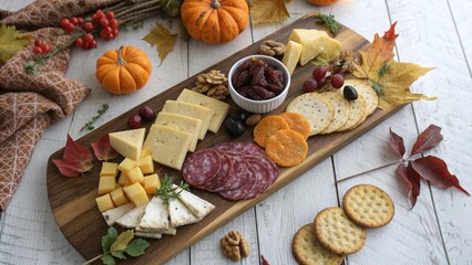 Cold cuts platter with seasonal rustic decor featuring autumn leaves and decorative pumpkins