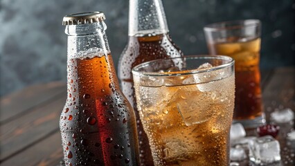 Refreshing cold drinks with condensation on bottles and ice cubes, perfect for a warm day