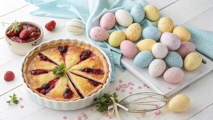 Colorful eggs surround a festive pie on a bright table setting for spring celebrations and gatherings