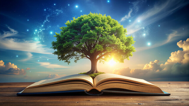 Magical tree growing from an open book with glowing light symbolizing knowledge, imagination and wisdom