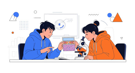 Illustration depicting teamwork in scientific research with microscope analysis and shared