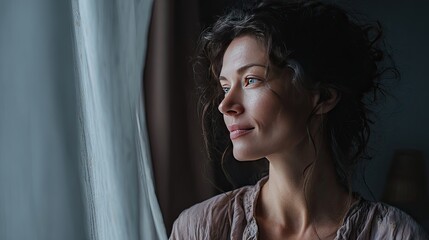 Thoughtful woman gazing out window in serene home environment