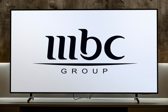 Flat-screen TV set displaying logo of MBC Group