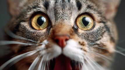 Close-up of a surprised tabby cat with wide eyes