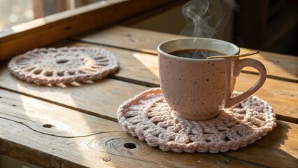 Hot drink on a crochet coaster placed on a rustic wooden table under warm sunlight