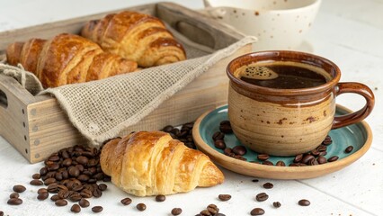 Morning coffee and fresh croissants on rustic wooden tray with coffee beans scattered around