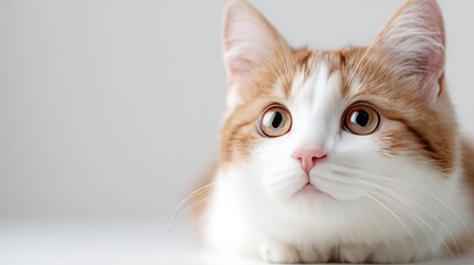 Close-up of a curious ginger and white cat with wide eyes