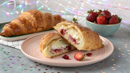 Croissant on pastel plate against a holographic backdrop with fresh strawberries nearby