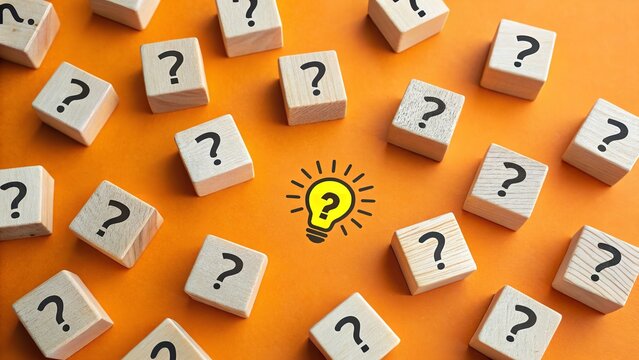 Creative idea concept with one lightbulb and many question mark blocks on orange background
