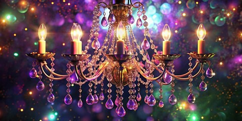 Elegant crystal chandelier shines brightly, creating a stunning bokeh effect in a vibrant setting