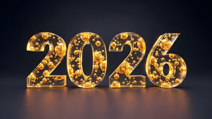 Translucent 2026 text filled with golden bubbles on dark background with subtle light