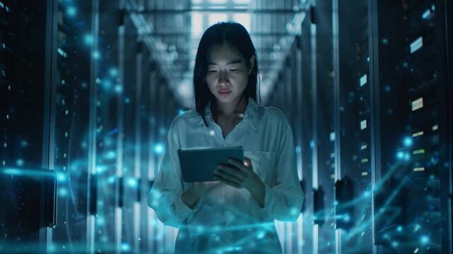 Digital Guardian in the Server Room: A focused woman, immersed in her work, monitors data flow within a high-tech server room, representing innovation and technological advancement.