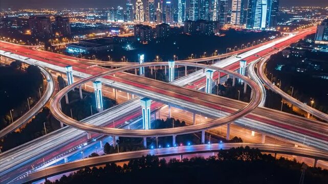 Detailed aerial photograph of an interchange with multilane roads, vehicles, and city infrastructure.
