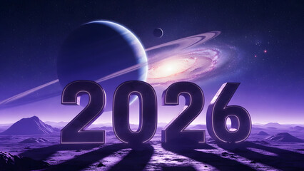 Shiny metallic 3D numbers 2026 on alien planet surface with rings planet sky