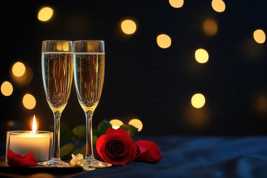 Elegant romantic gathering highlighted by floral arrangements and shimmering candles, Refined festivity centered around toast with fragrant roses and softly flickering candle flames