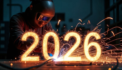 Process of welding the number 2026 in the workshop.