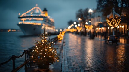 Obraz premium Decorated Christmas tree stands in a modern office with blurred desks and chairs, overlooking a city view through large glass windows.