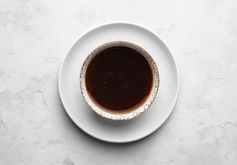 Top-down view of a white cup filled with rich black coffee on a plain white saucer, captured in a clean and minimalist style