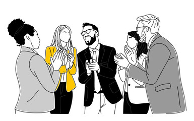Minimalist line art illustration of business professionals in a meeting, clapping hands, celebrating success. Vector sketch isolated on transparent background