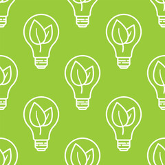 Naklejka premium Light bulb icon with green leaves inside seamless pattern. Green energy design. Vector illustration for renewable energy. Outline icon