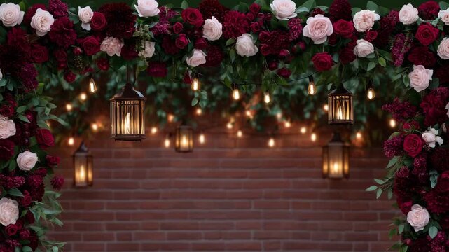 4k Romantic floral decoration on brick wall with vintage lanterns glowing warmly, roses and peonies in red, white, and pink tones, evening ambiance, cozy outdoor settin