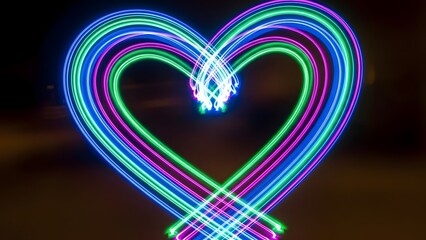 A vibrant heart symbol created using light painting technique with glowing neon blue, purple, and green lines against a dark night background.