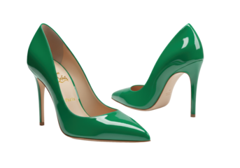 Two vibrant emerald green patent leather women's high-heeled pumps, one angled, one in profile, on a reflective white surface with copy space, product photography luxury concept