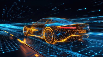 Wireframe digital sports car made of glowing orange lines and dots, driving on a futuristic blue grid road