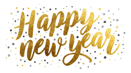 Happy New Year gold glitter lettering festive celebration typography design holiday greeting luxury calligraphy illustration isolated on white background