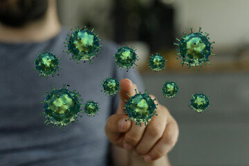 Illustration of a person's hand interacting with virus particles. Concepts of science, healthcare,...