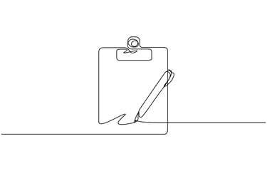 A continuous line drawing of a clipboard with a checklist and a pen, conceptual art and design vector. Single line drawing checklist clipboard and pen. Editable Stroke