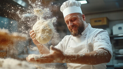A smiling chef energetically kneads dough, creating a dynamic scene — an excellent backdrop for advertising cooking classes or kitchen utensils.