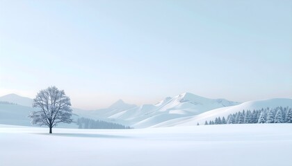 雪原に一本の木が立つミニマルな冬景色　静寂と余白を感じる幻想的な風景イラスト