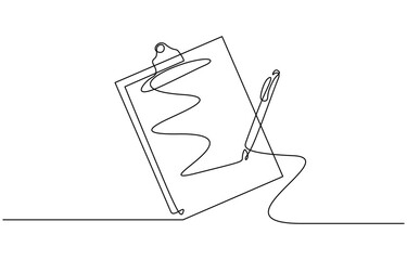 A continuous line drawing of a clipboard with a checklist and a pen, conceptual art and design vector. Single line drawing checklist clipboard and pen. Editable Stroke