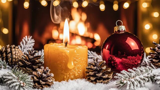 Snowy winter scene with lit candle and pine cones by a fireplace with warm glowing lights