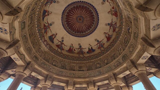 Traditional hand-painted ceiling murals and architectural carvings in a Ramgarh memorial pavilion, Rajasthan