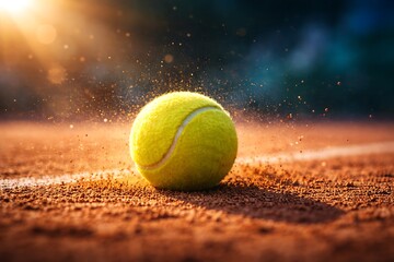 Tennis Ball on Clay Court with Dust Motion Sports Action Concept